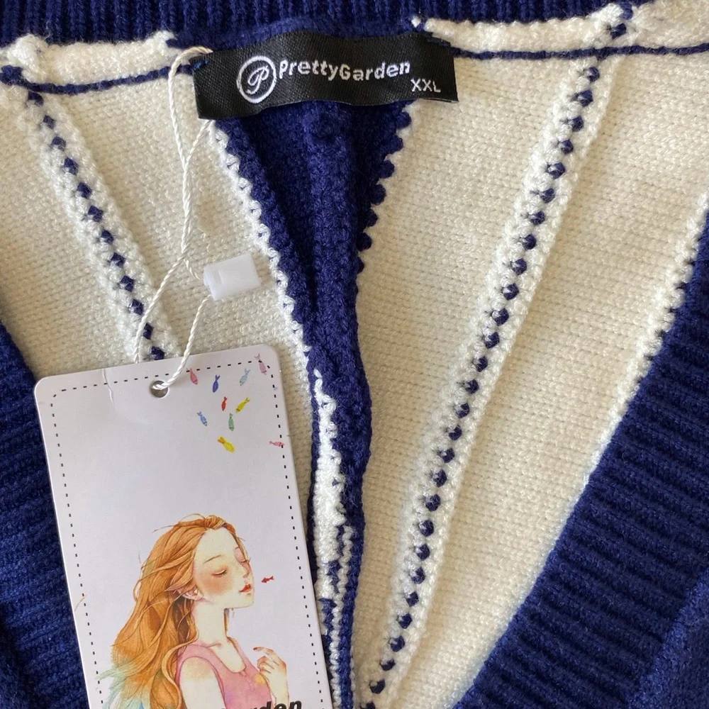 PrettyGarden Striped V-Neck-Sweater-Navy Blue & White- NWT Size XXL - Picture 8 of 10